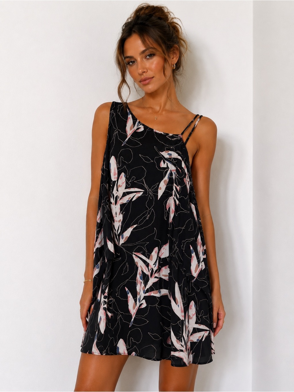 1. State Black One-Shoulder Floral Mini Dress with Pink Accents-Never worn